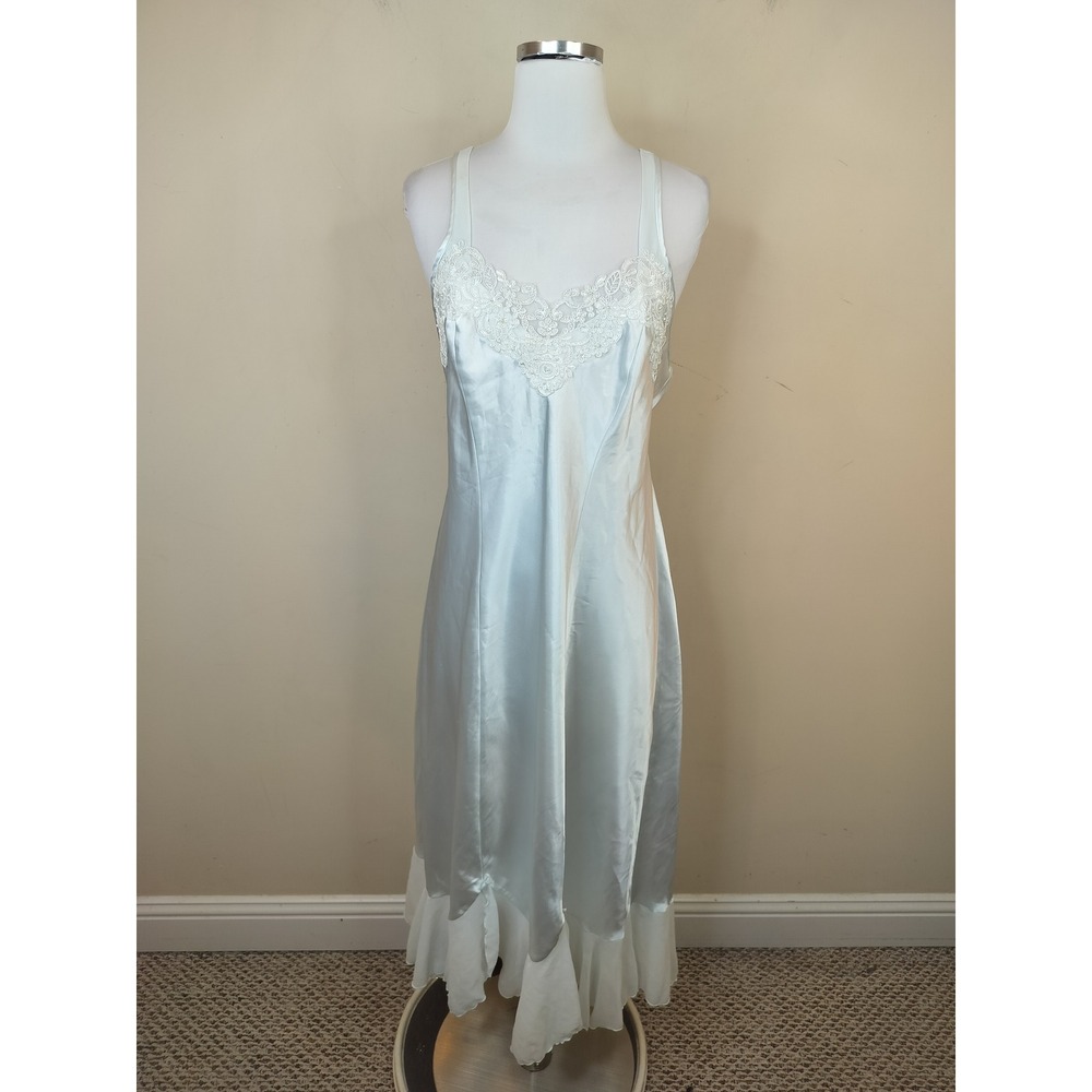 Linea Donatello Satin Slip Nightgown XL Lace Trim Ruffle Hem Bow Light Blue